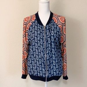 Pink Rose Paisley Zip Up Long Sleeve Blouse Sz L